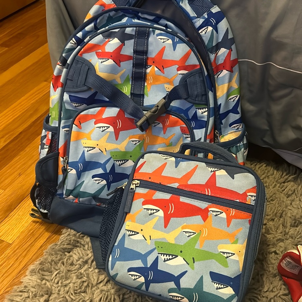 Colorful shark pottery barn large book bag and lunch box.